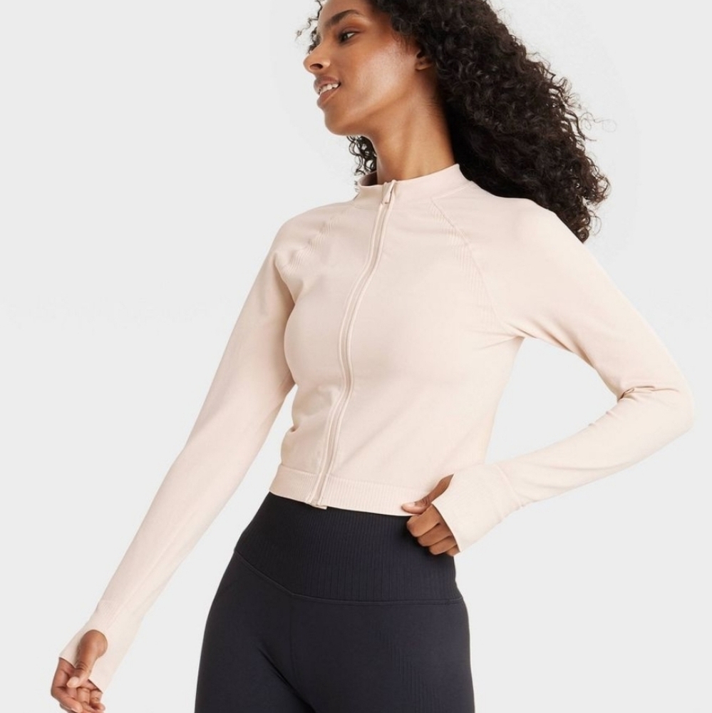 Women's Seamless Fitted Full Zip Jacket - JoyLab Cream W Thumb Holes Sz Small